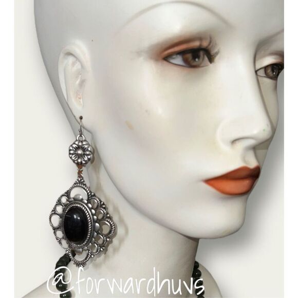 Oversized Silver Tone Dangle Earrings with Black Center - Picture 3 of 8